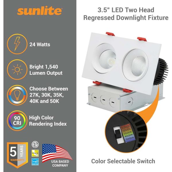 Sunlite 3.5-in 24w LED Two Head Gimbal Downlight Fixture CCT Tunable Dimmable Cheap