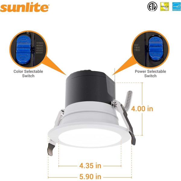 Sunlite 4-in LED Recessed Round Downlight CCT Wattage Lumens Selectable Fixture Online now