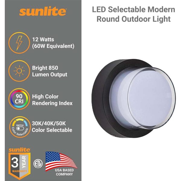 Sunlite 12w LED Black Round Modern Outdoor Fixture CCT Selectable - 60w equiv Online Sale