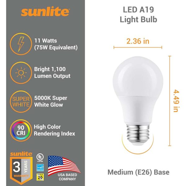 6Pk - Sunlite 11w LED A19 1100Lm 120V E26 Base 5000K SuperWhite Bulb - 75w equiv Cheap