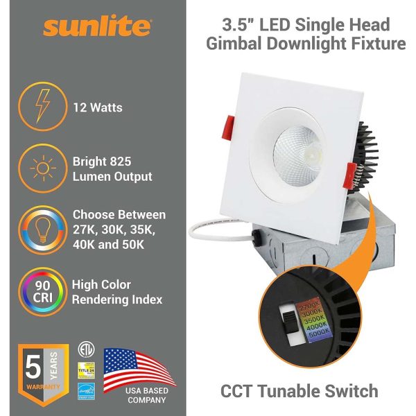 Sunlite 3.5-in 12w LED Single Head Gimbal Downlight Fixture CCT Tunable Dimmable Sale