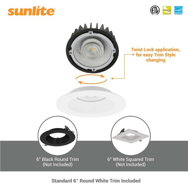 Sunlite 6-In 24w LED Round Regressed Downlight Fixture CCT Selectable Dimmable For Discount