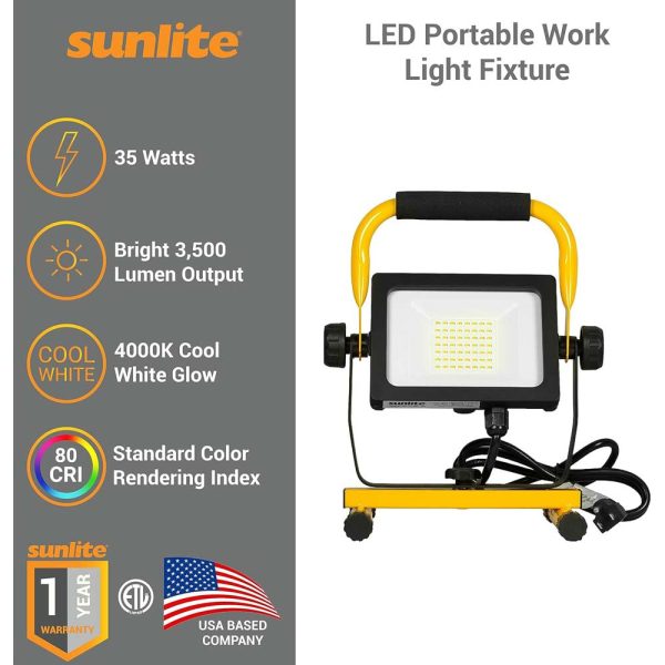 Sunlite 35w LED Portable Work Light Fixture 5F Power Cord 4000K Cool White Hot on Sale