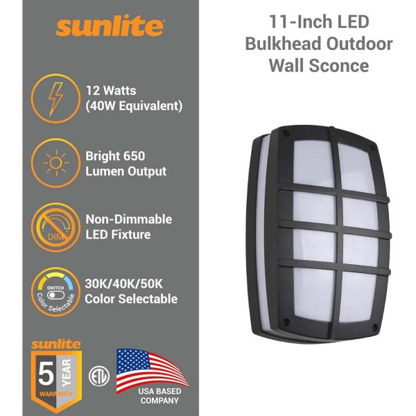 Sunlite 11-In 12w LED Bulkhead Wall Sconce Fixture CCT Selectable - 40w equiv Online Sale