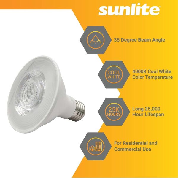 Sunlite 9w LED PAR30 750Lm E26 Base 4000K Cool White Reflector Bulb - 75w equiv For Sale