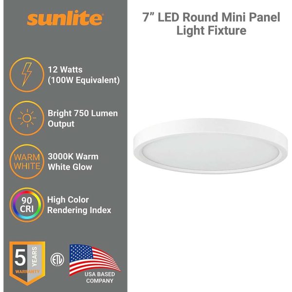 Sunlite 7-In 12w LED Round Mini Panel Fixture 3000K Dimmable 120v - 100w equiv For Discount