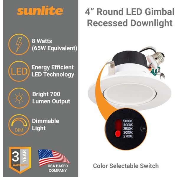 Sunlite 4-In 8w LED Round Retrofit Gimbal Downlight CCT Selectable - 65W Equiv Online Hot Sale