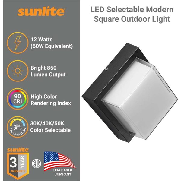 Sunlite 12w LED Square Modern Outdoor Light Fixture CCT Selectable - 60w equiv For Sale