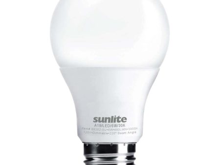 Sunlite 6w A19 LED 480Lm 120v Dimmable E26 Medium Base 3000K Bulb - 40w equiv Hot on Sale