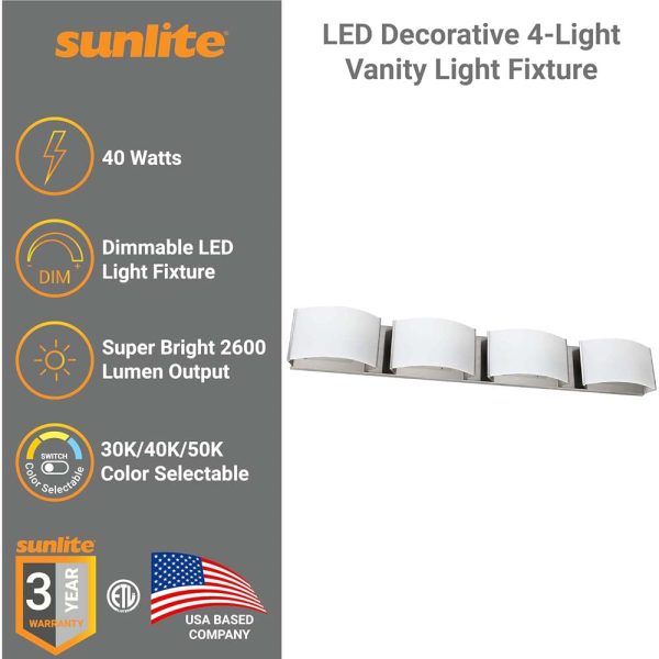 Sunlite 40w 4-Lights LED Decorative Vanity Light Fixture CCT Selectable Dimmable For Discount