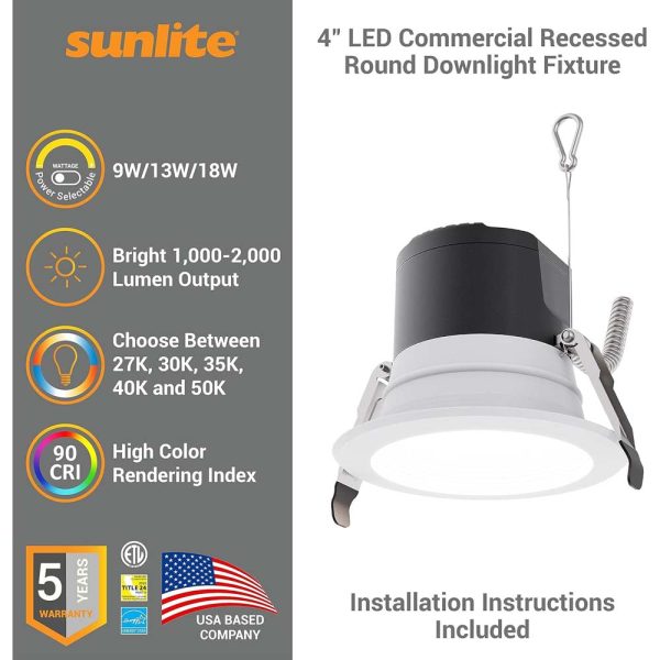 Sunlite 4-in LED Recessed Round Downlight CCT Wattage Lumens Selectable Fixture Online now