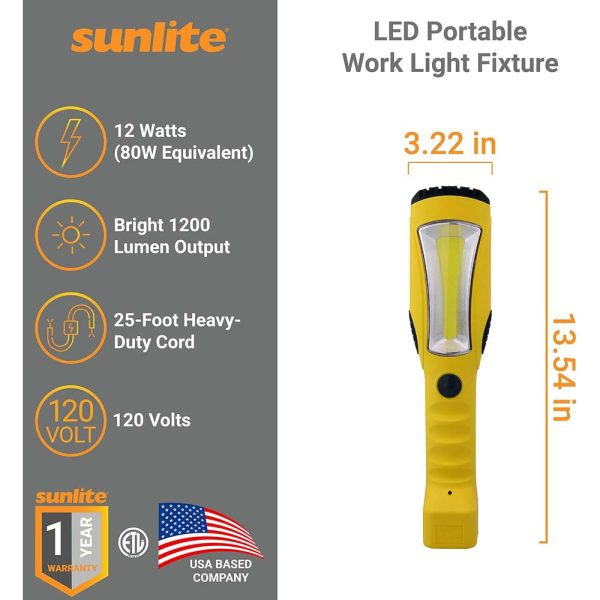 Sunlite 12w LED Yellow Portable Work Light Fixture 25F Power Cord 6200K Daylight For Sale