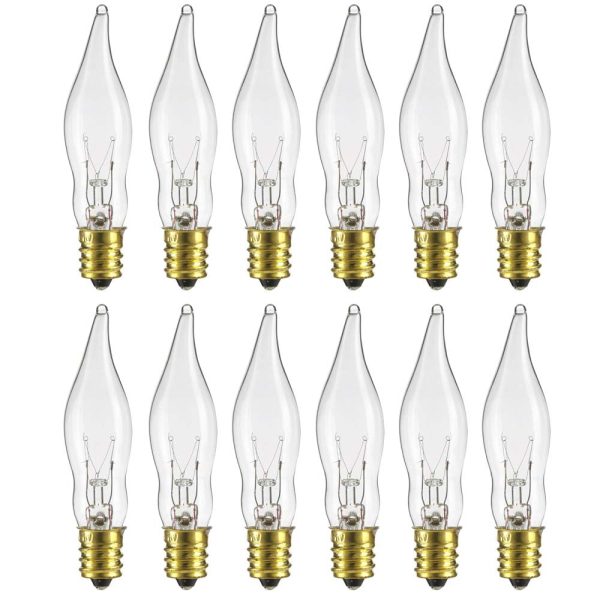 12Pk - Sunlite 7W Incandescent Flame Tip Petite Chandelier E12 Base Clear Bulb Supply