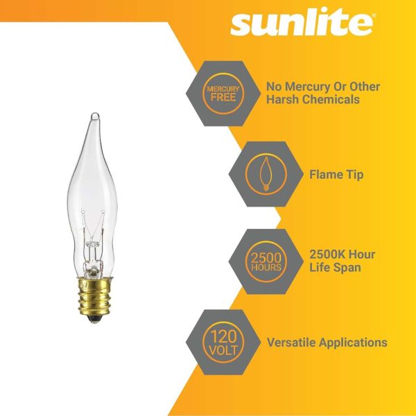 12Pk - Sunlite 7W Incandescent Flame Tip Petite Chandelier E12 Base Clear Bulb Supply