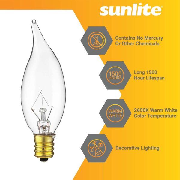 12Pk - Sunlite 25W Incandescent Flame Tip Petite Chandelier E12 Base Clear Bulb For Discount