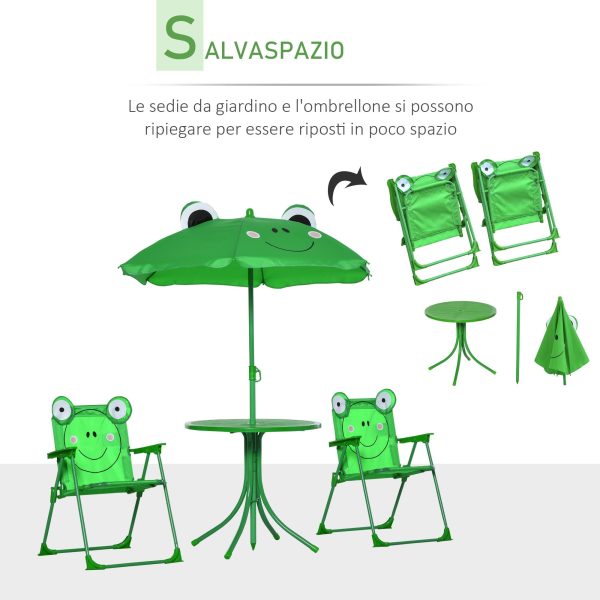 Easycomfort Set Tavolo da Giardino con 2 Sedie Pieghevoli, Tavolino con Sedie da Esterno con Ombrellone per Bambini in Metallo e Poliestere, Verde For Discount