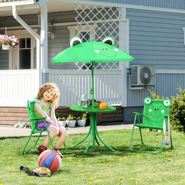 Easycomfort Set Tavolo da Giardino con 2 Sedie Pieghevoli, Tavolino con Sedie da Esterno con Ombrellone per Bambini in Metallo e Poliestere, Verde For Discount