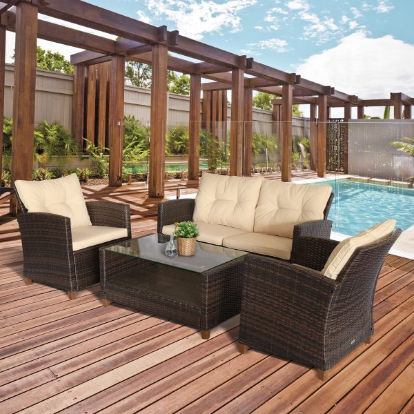 EasyComfort Set Mobili da Giardino 4 Pezzi in Rattan PE e Tavolino, Divano e Poltrone Imbottiti Marrone e Beige 124x68x76cm Fashion