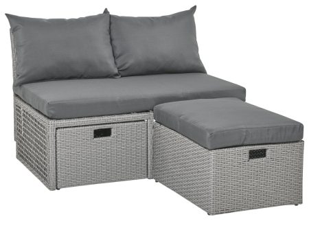 EASYCOMFORT Divano 2 Posti con Contenitore e Pouf in Rattan PE Salvaspazio con Cuscini Grigio on Sale