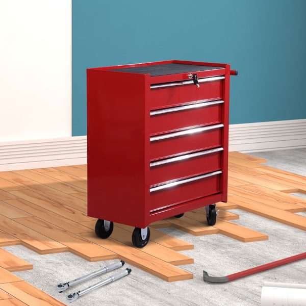 Easycomfort Carrello Porta Utensili con 5 Cassetti, Serratura, 2 Chiavi e Manubrio Parete Smontabile 2 Ruote con Freno in Lamiera d Acciaio EVA Rosso 67,5x33x77cm Supply