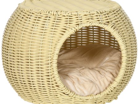 Easycomfort Casetta per Gatti a 2 Livelli in Rattan PE con Cuscino Lavabile, Ø40x30 cm, Beige For Sale