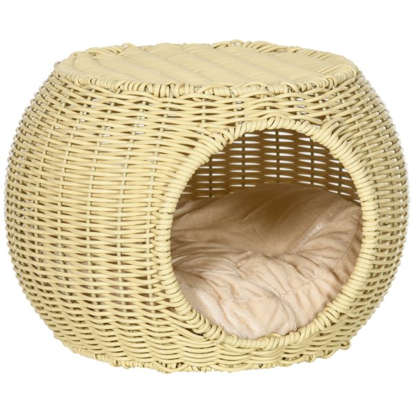 Easycomfort Casetta per Gatti a 2 Livelli in Rattan PE con Cuscino Lavabile, Ø40x30 cm, Beige For Sale