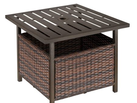 EASYCOMFORT Tavolino da Giardino con Foro per Ombrellone e Cesta Inferiore in Rattan PE e Acciaio, 55.5x55.5x46cm Marrone For Discount