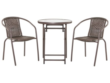 EasyComfort Set Tavolo Pieghevole e 2 Sedie da Giardino in Acciaio e Rattan PE, Arredamento da Esterno da 3 Pezzi Marrone Online Sale