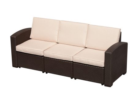 Easycomfort Divano a 3 Posti in PP Plastica ad Effetto Rattan, Divano da Giardino con Cuscini, Marrone e Champagne, 199x71x75cm Discount