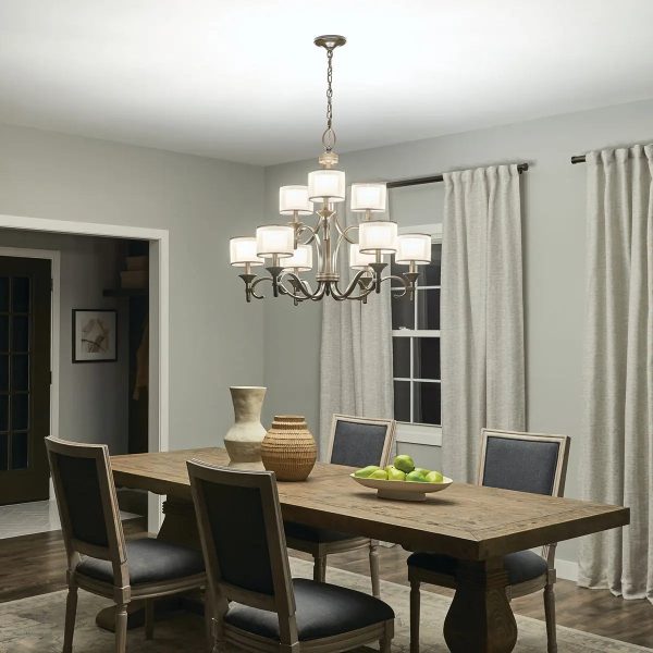 Lacey 34  9-Light Chandelier Multi-Tier with Clear Satin Etched Glass, Mission Bronze Finish Online Sale