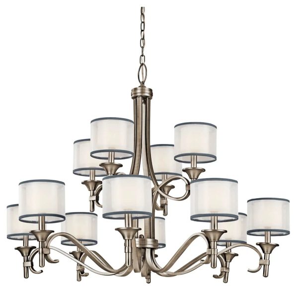 Lacey 42  12-Light Chandelier Multi-Tier with Clear Satin Etched Glass, Antique Pewter Finish For Discount