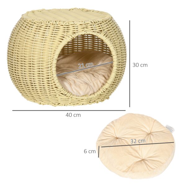 Easycomfort Casetta per Gatti a 2 Livelli in Rattan PE con Cuscino Lavabile, Ø40x30 cm, Beige For Sale