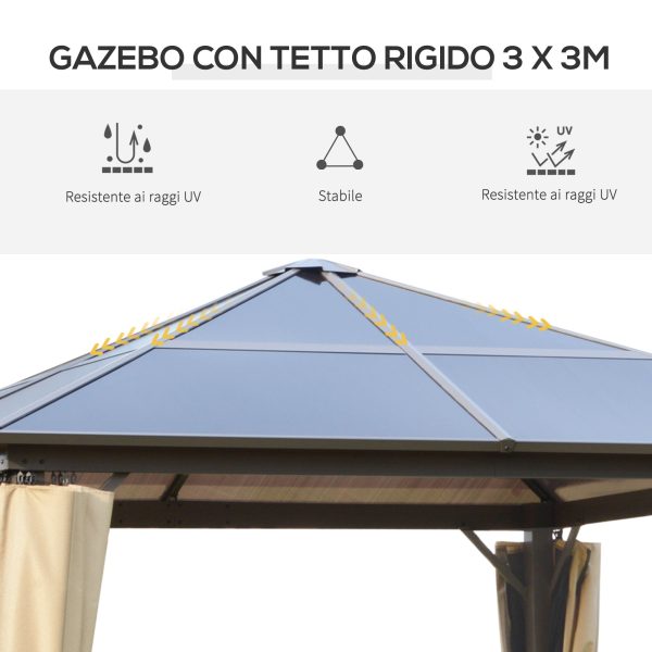 Easycomfort Gazebo da Giardino 3x3m con Tetto in Policarbonato e Zanzariere, Caffè e Khaki Discount